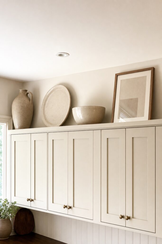 Three large ceramic and wooden objects spaced along the gap above kitchen cabinets