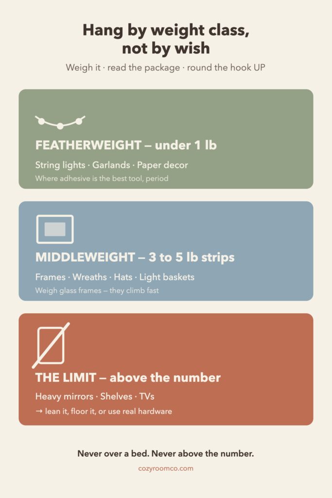 Chart of three adhesive-hook weight classes with example decor for each and the rule to check the package rating