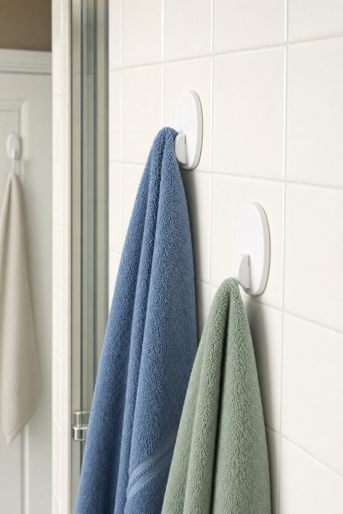 White adhesive hooks on bathroom tile and a door holding towels and a robe without drilling