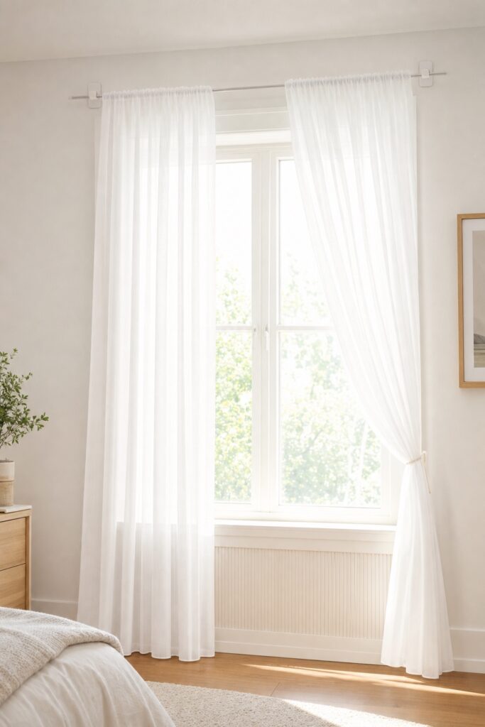 Sheer curtains on a slim rod held by adhesive rod-holder hooks above a rental window