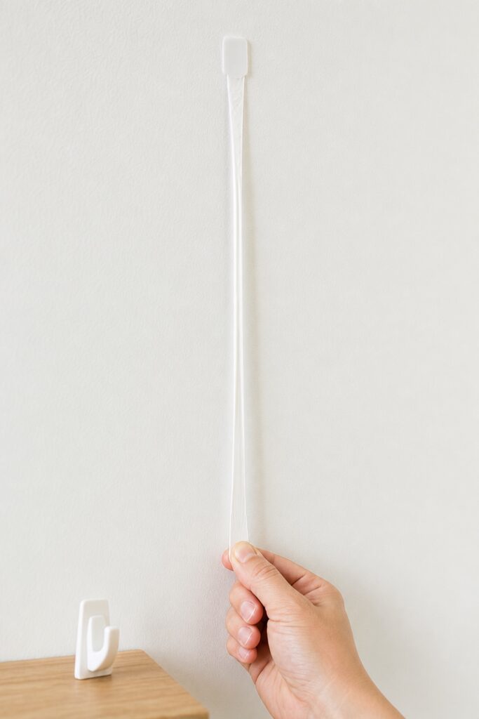 Fingers stretching an adhesive strip tab slowly straight down against the wall to release it without paint damage