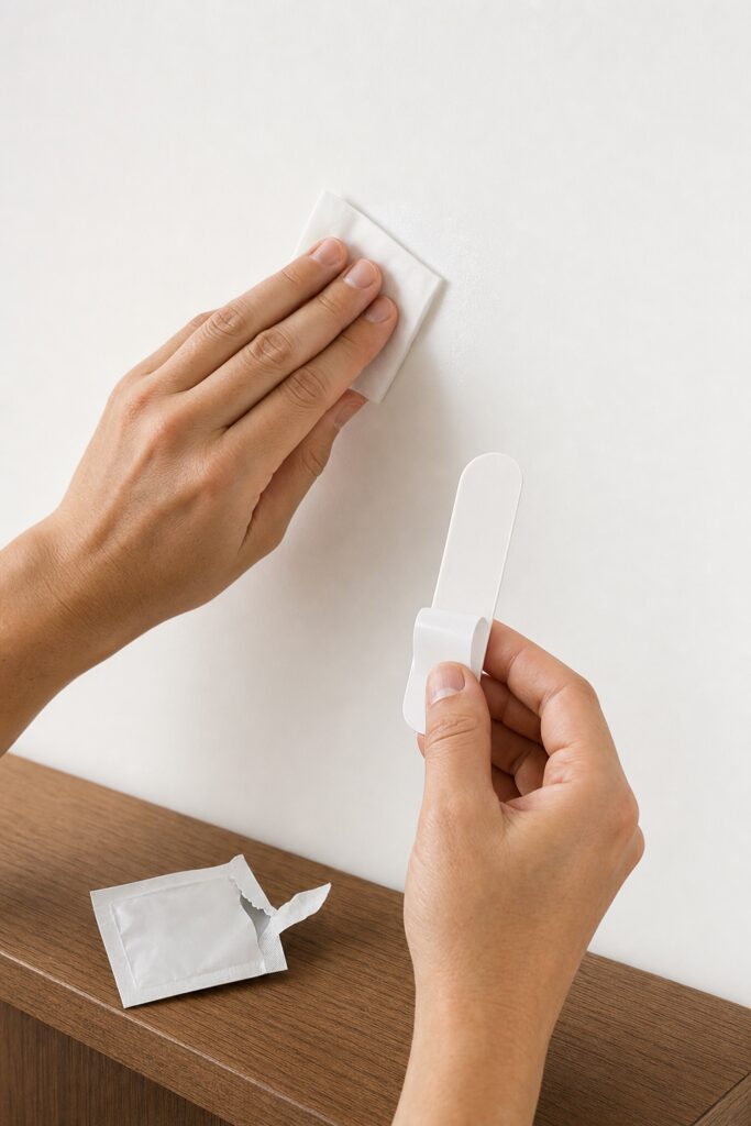 Wiping a wall with an alcohol pad before pressing an adhesive strip into place