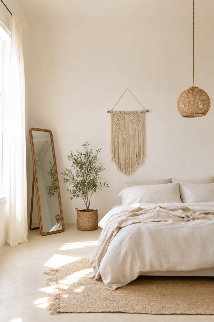 Airy boho bedroom: pale linen bedding, one rattan pendant, a single macrame piece, a leaning mirror, and generous open space around a low bed.