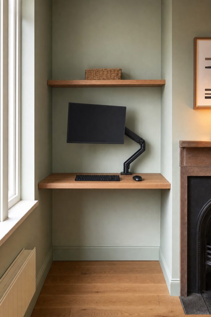 Narrow alcove desk with a monitor on a clamp arm pushed back against the wall and a keyboard in front
