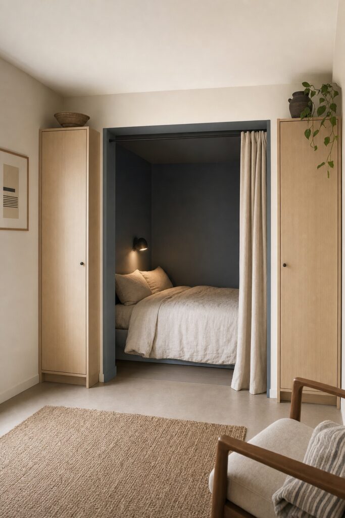 Bed set inside a painted alcove with a curtain drawn back at the opening and two narrow wardrobes flanking it