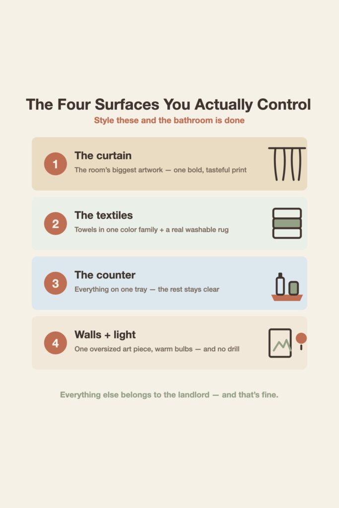 Diagram of the four surfaces a renter controls in an apartment bathroom: the shower curtain, the textiles, the counter, and the walls and light.