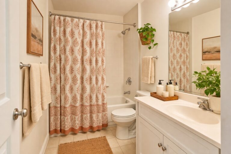 Small rental bathroom styled warm and finished: patterned shower curtain, matched cream towels, a woven rug, a wood tray on the vanity, and a small plant.