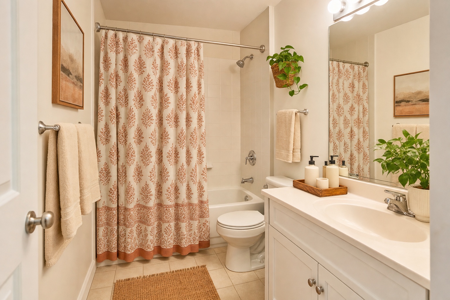 Small rental bathroom styled warm and finished: patterned shower curtain, matched cream towels, a woven rug, a wood tray on the vanity, and a small plant.