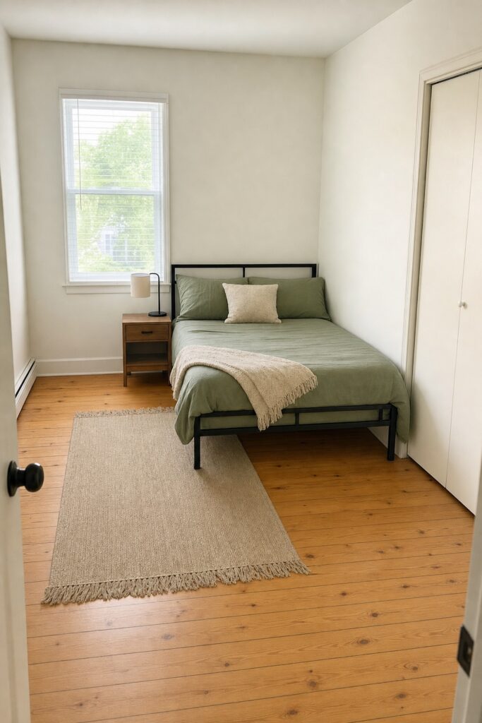 Apartment bedroom with the bed pushed into the corner along one wall leaving a large area of open floor