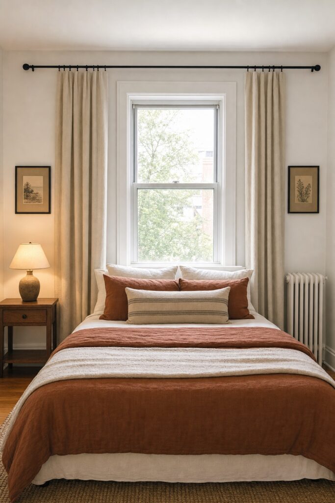 Bed placed under an apartment bedroom window with the curtain rod hung near the ceiling and extending past the frame