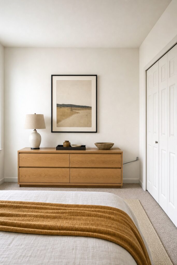 Low wide dresser on the wall opposite an apartment bedroom bed with a lamp, tray and one framed piece above it