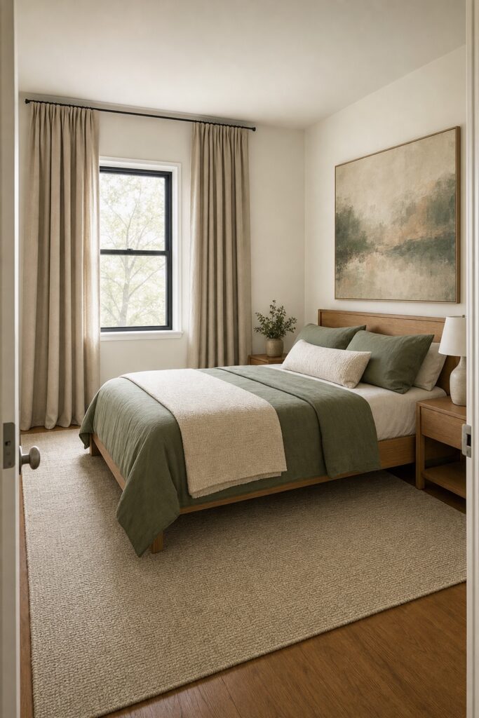Apartment bedroom with a large rug extending past both sides of the bed, high hung curtains and one oversized artwork above the bed