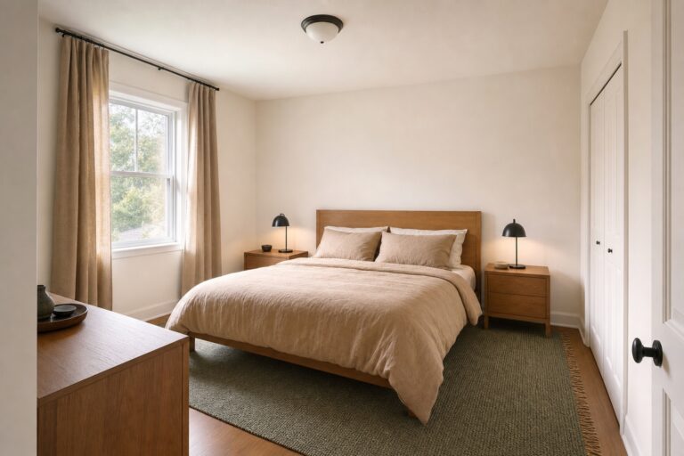 Apartment bedroom with the bed centred on the long wall, two nightstands, a large rug and curtains hung near the ceiling
