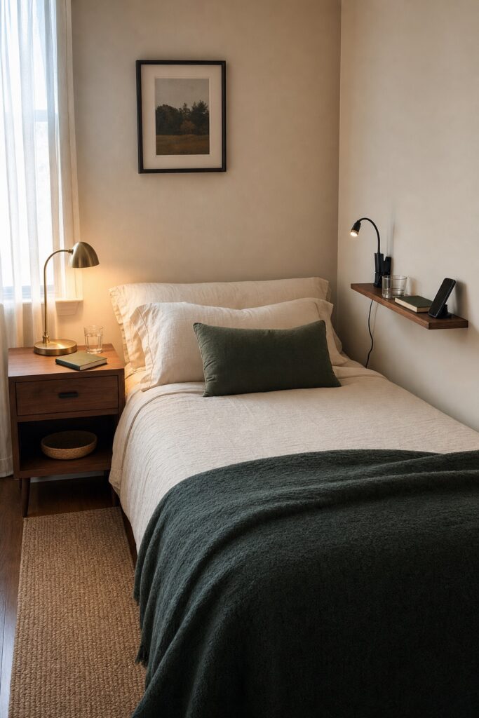 Bed with one nightstand on the open side and a narrow wall shelf with a small reading light on the wall side