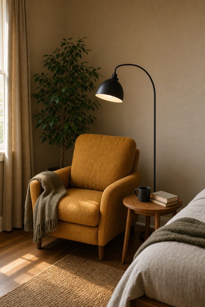 Reading corner in an apartment bedroom with one armchair, a side table and an arching floor lamp