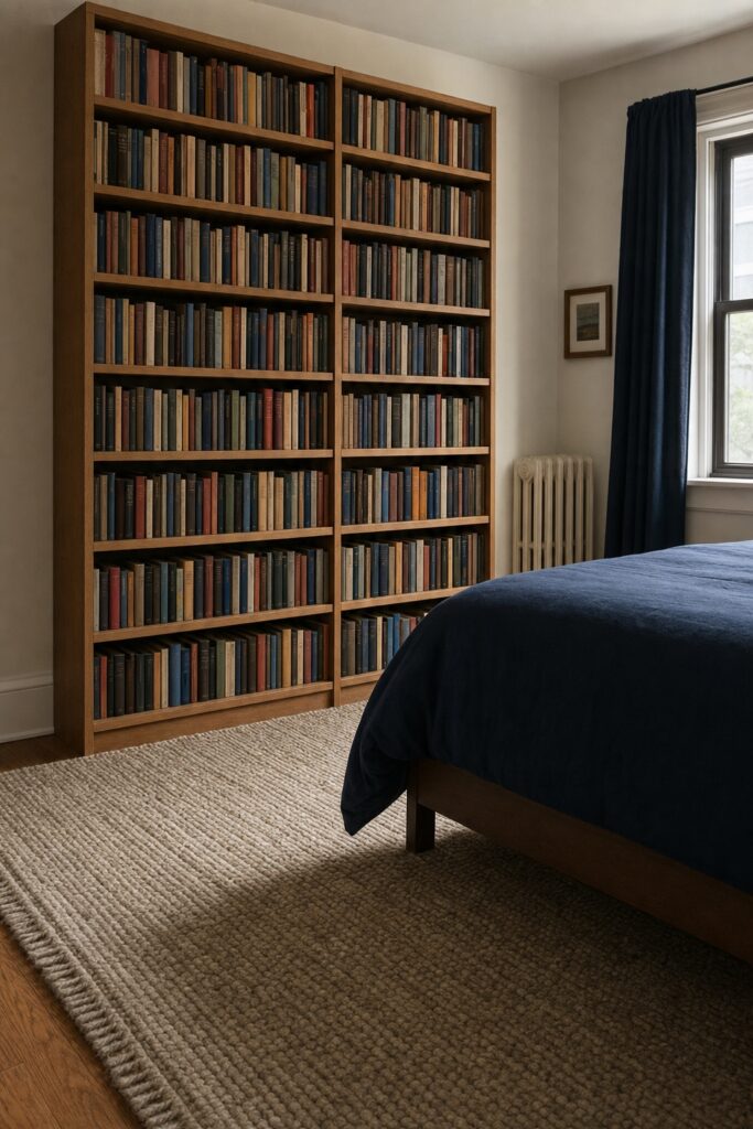 Full bookcase standing against an apartment bedroom shared wall beside a bed with a large rug on the floor