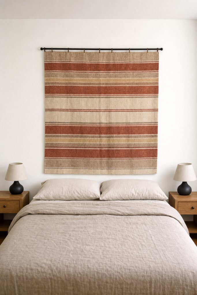 Large flat woven textile hung on a slim rod above a bed as a headboard alternative in an apartment bedroom
