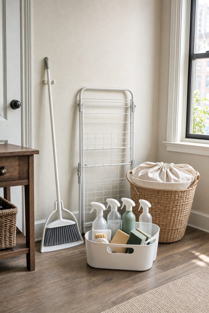 First-apartment cleaning kit: a caddy of unlabeled spray bottles and sponges, a broom and dustpan leaning on the wall, and a woven laundry basket beside them.