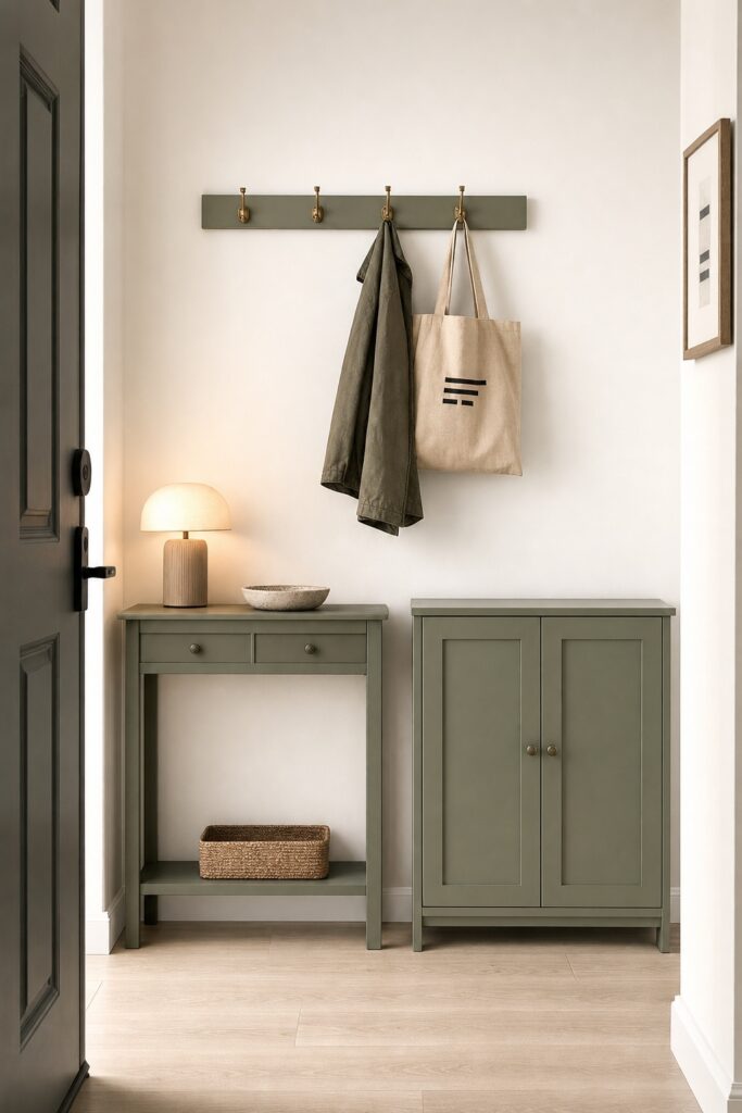 A narrow sage console with a tray and lamp beside a closed shoe cabinet and a rail of hooks, just inside an apartment front door