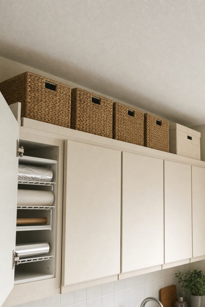 Woven baskets lined up in the dead space above apartment kitchen wall cabinets