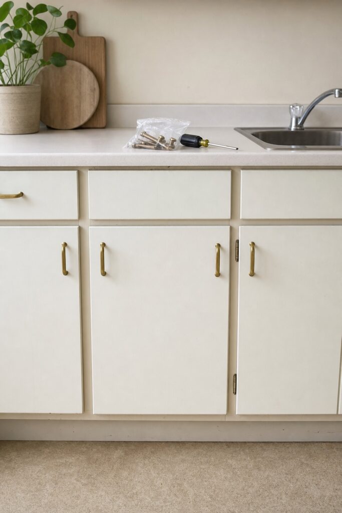 New brass handles fitted to plain rental kitchen cabinet fronts, with the original hardware bagged beside them