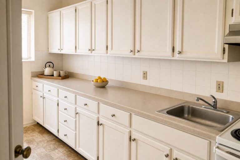 Apartment kitchen counter holding only a small tray with a kettle, a knife strip and a fruit bowl, with clear working space between