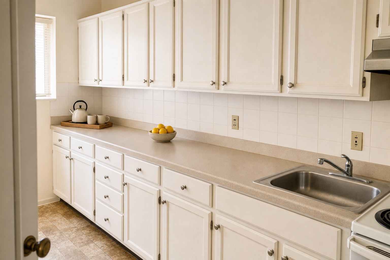 Apartment kitchen counter holding only a small tray with a kettle, a knife strip and a fruit bowl, with clear working space between