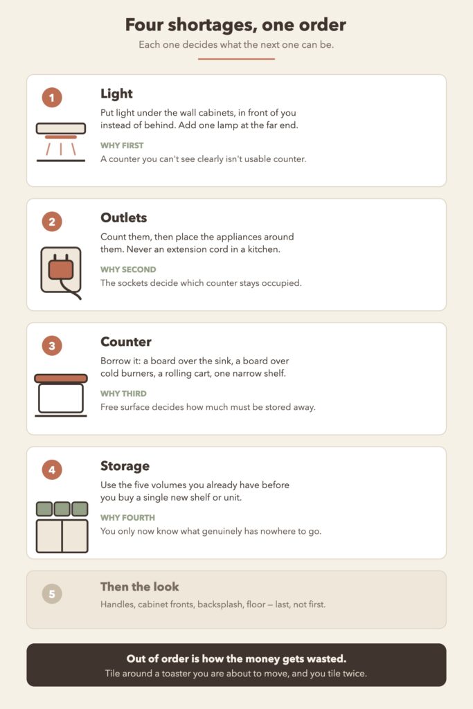 Diagram showing the four shortages of an apartment kitchen - light, outlets, counter and storage - in the order to fix them and why each decides the next