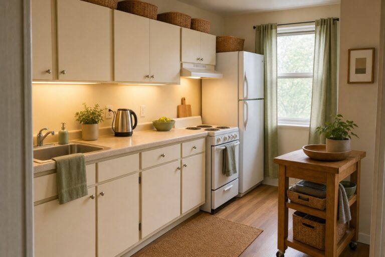 A small apartment kitchen with under-cabinet lighting, a clear stretch of counter and a rolling cart