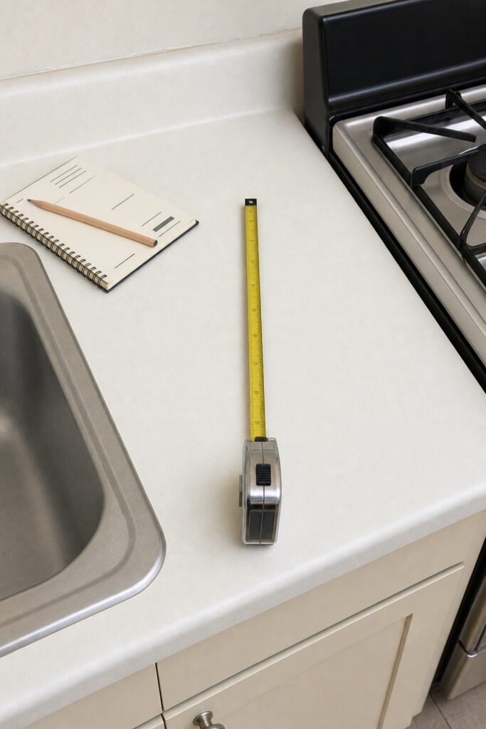A tape measure laid along a short stretch of free apartment kitchen counter between the sink and the range