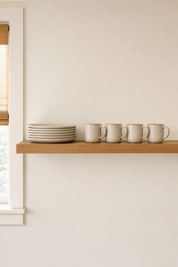 A single wooden shelf on an empty kitchen wall holding stacked everyday plates and mugs