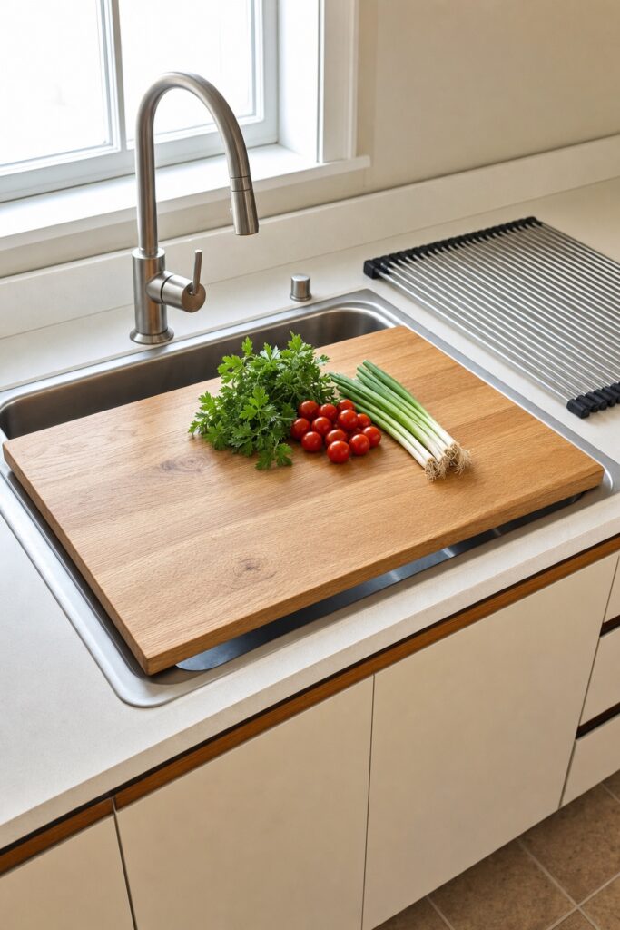 A wooden board laid across a kitchen sink turning it into extra prep surface