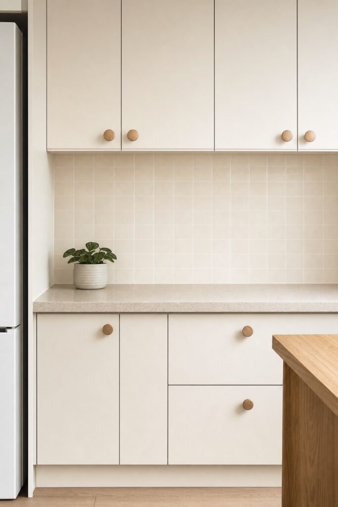 A plain peel-and-stick tile backsplash filling the band between an apartment kitchen counter and the wall cabinets
