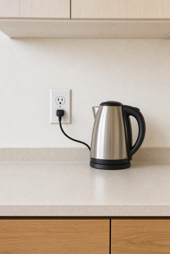 A single kitchen outlet above the counter with one kettle plugged in and the rest of the counter clear