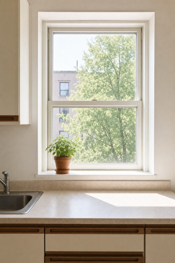 A small apartment kitchen window left bare, with a clear counter and no contact paper on the countertop
