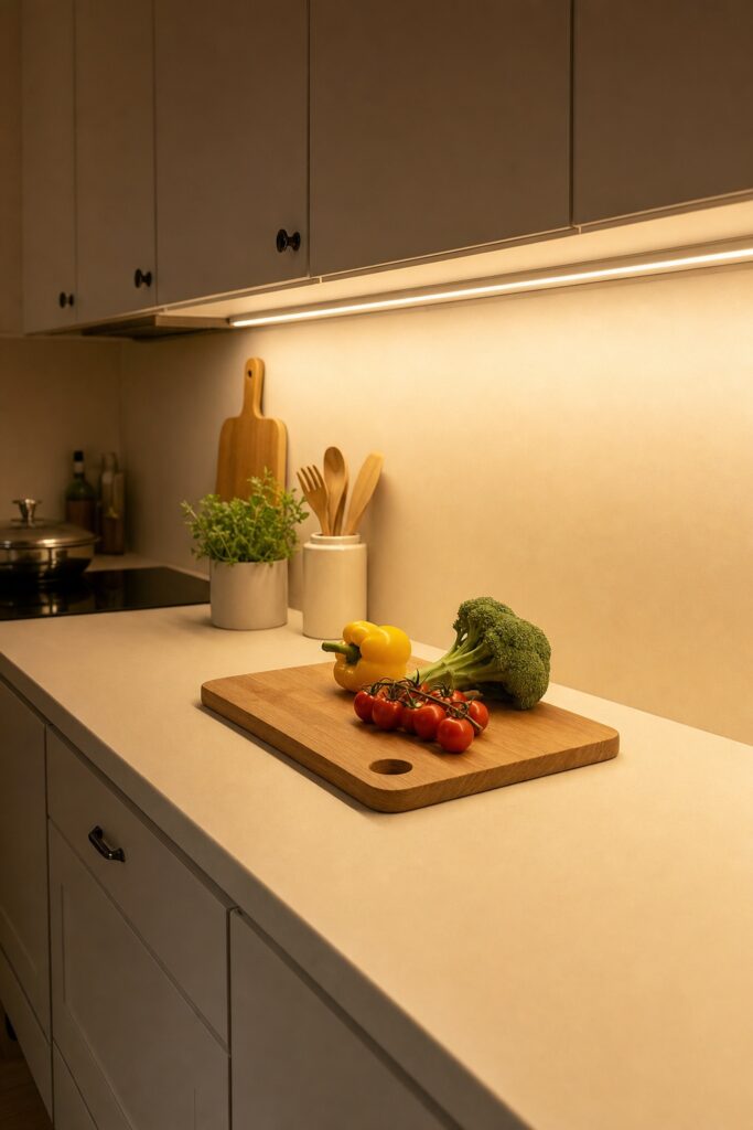 Warm LED strip lighting under wall cabinets throwing light onto a kitchen counter and chopping board