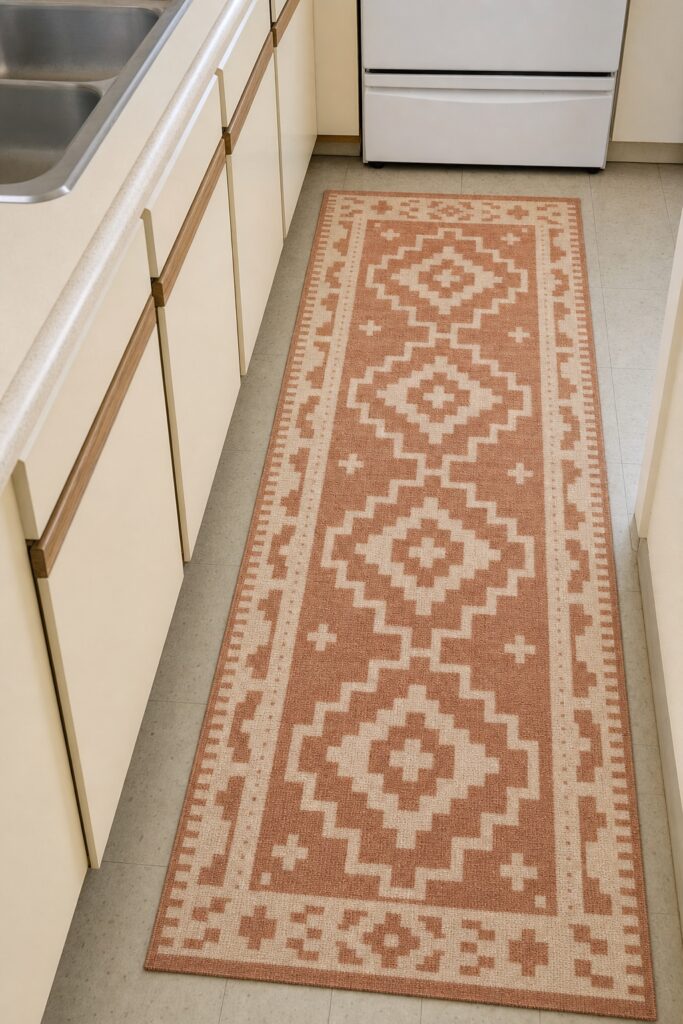 A washable cotton runner laid along the floor in front of an apartment kitchen sink and range