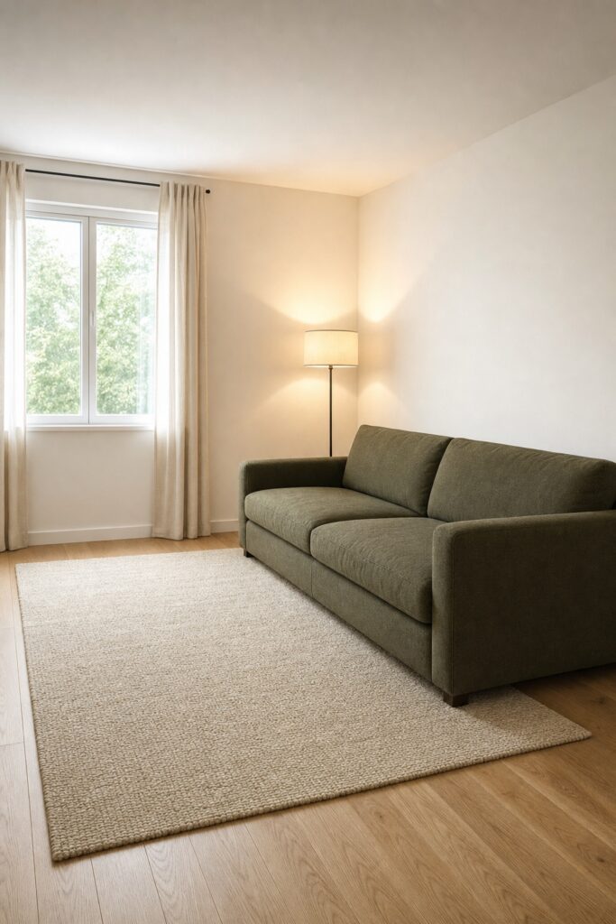 A partly furnished apartment living room with only a sofa, a large rug and one floor lamp in place