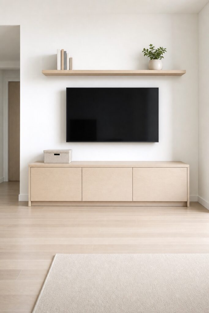 A low media cabinet with closed doors and a clear floor, with one open shelf holding only books and a plant