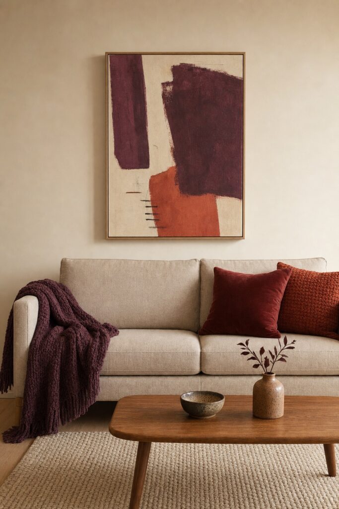 A beige-walled apartment living room where the color comes from a plum throw, rust cushions and one large artwork