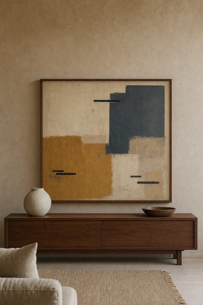 A single large framed abstract piece hung above a low console on the wall facing an apartment front door