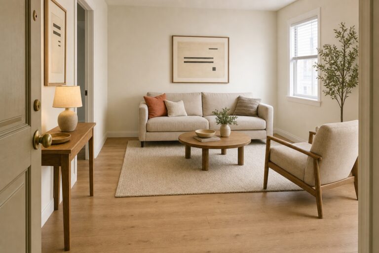 A small apartment living room seen from near the front door, with a clear walking route, a sofa on the far wall and a large rug under the furniture