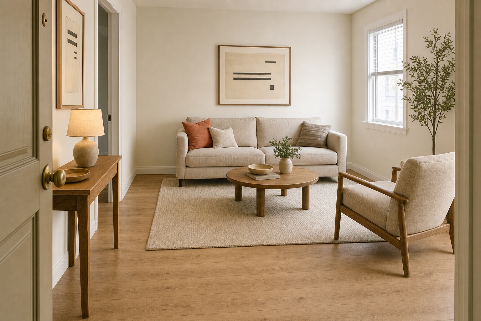 A small apartment living room seen from near the front door, with a clear walking route, a sofa on the far wall and a large rug under the furniture