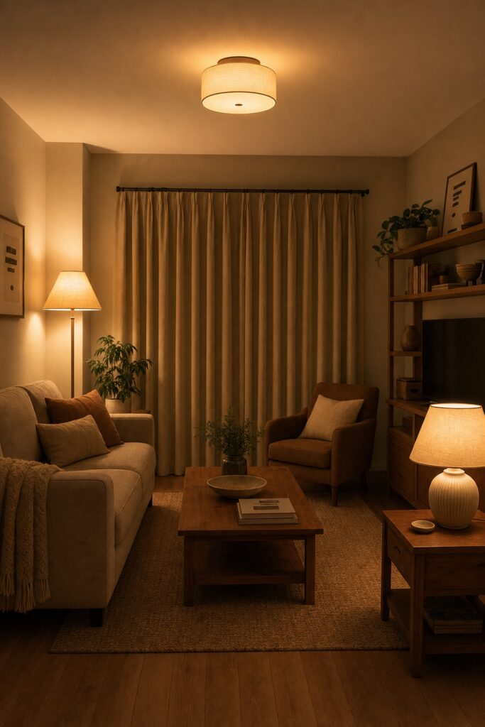 An apartment living room at night lit by a corner floor lamp, a table lamp and a soft ceiling glow, all the same warm tone