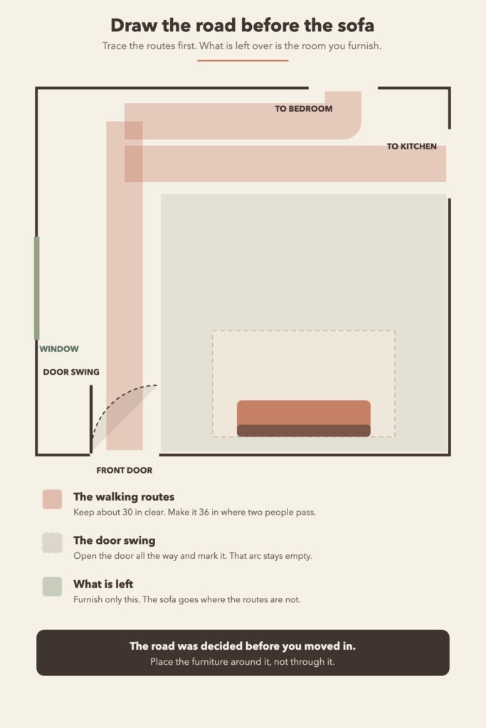Plan diagram of an apartment living room showing the walking routes from the front door, the door swing arc, and the leftover area left to furnish