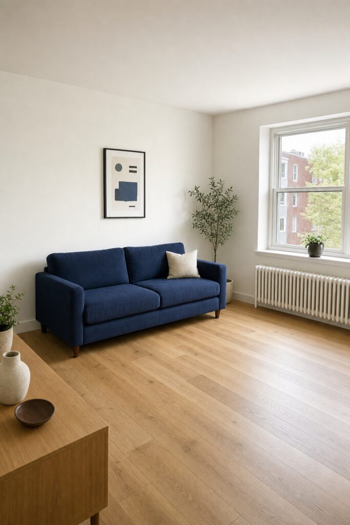 A navy sofa on the only uninterrupted wall of an apartment living room, with the window wall and a radiator visible to the side