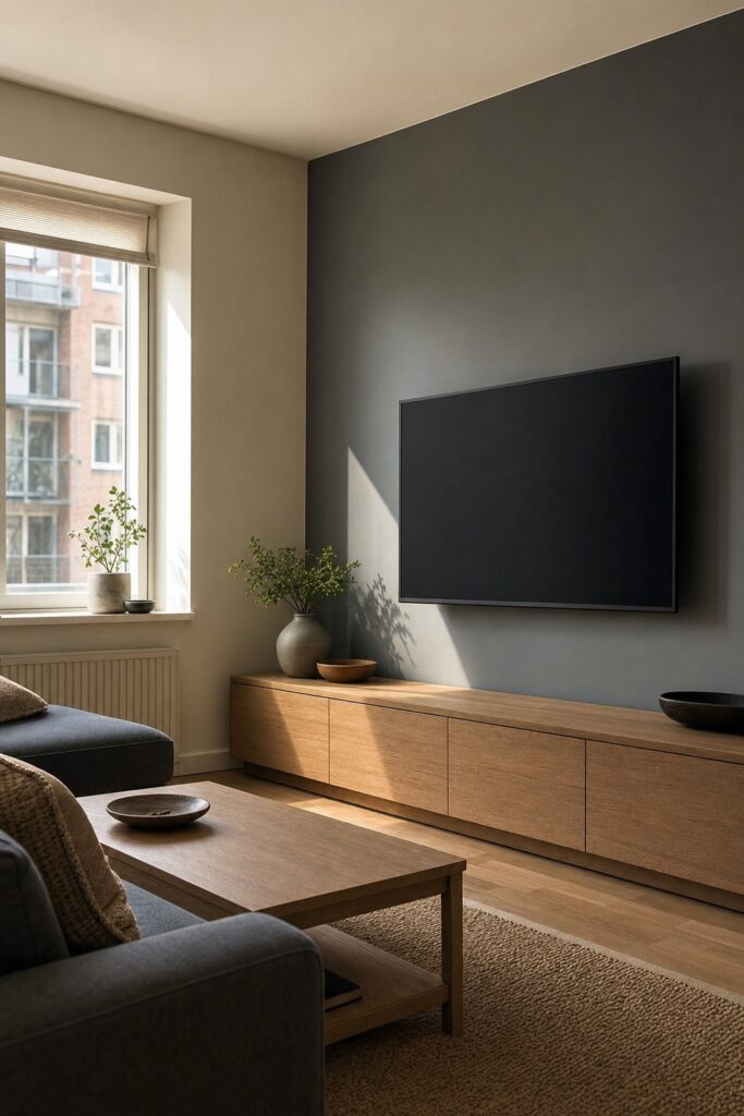 A television on the wall at right angles to the window, with a low long media cabinet beneath it