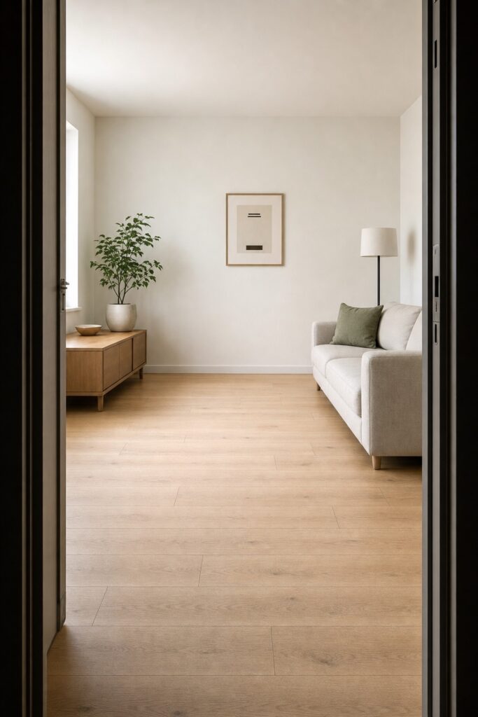The view into an apartment living room from the front door threshold, with the floor stretching away to one plain wall ahead
