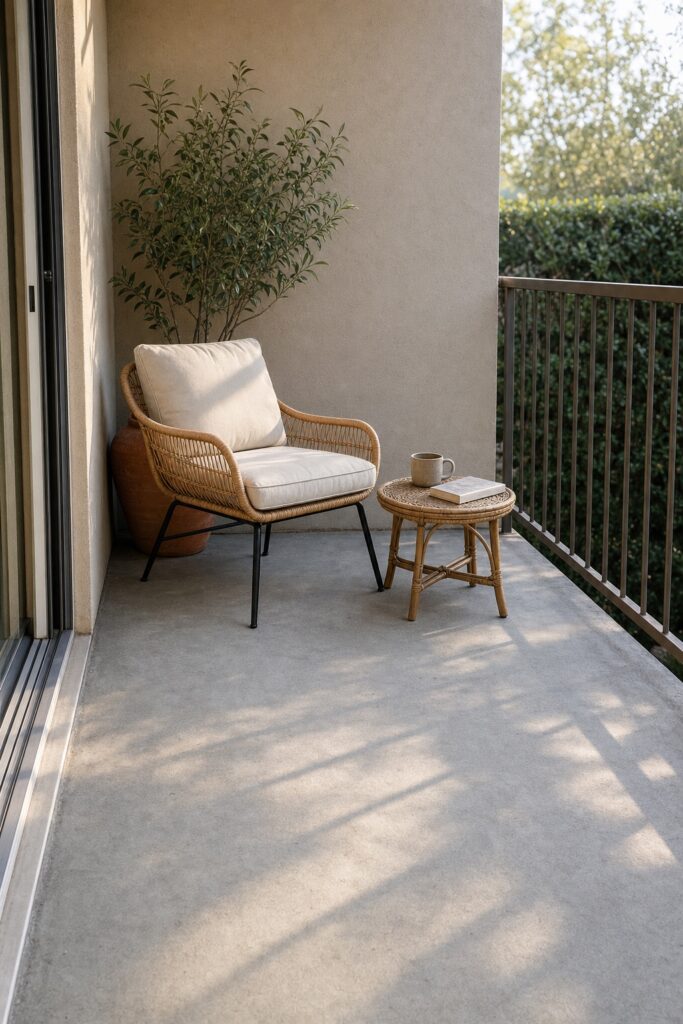 Apartment patio set up as a morning coffee corner with one lounge chair, a small side table and a single potted plant