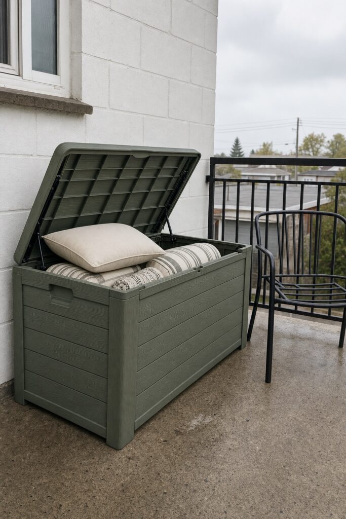 Outdoor deck storage box used as a patio bench with cushions being packed inside it